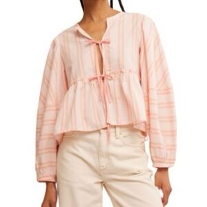 Free People Women's Brunch‎ Babe Tie-Front Blouse Pink Stripe Medium